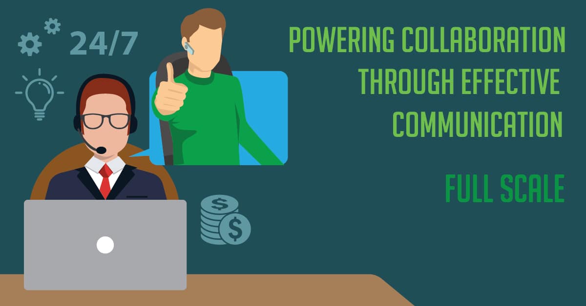 Graphic illustrating professional communication and collaboration, featuring a person with a headset in front of a laptop and another individual giving a thumbs-up, complemented by icons representing around-the-clock operation, ideas,