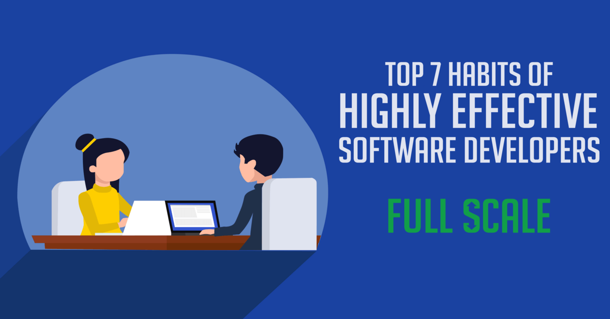 Two animated characters, one female and one male, are sitting across from each other at a desk with a laptop, against a blue background with text that reads "Top 7 Habits of Highly Effective