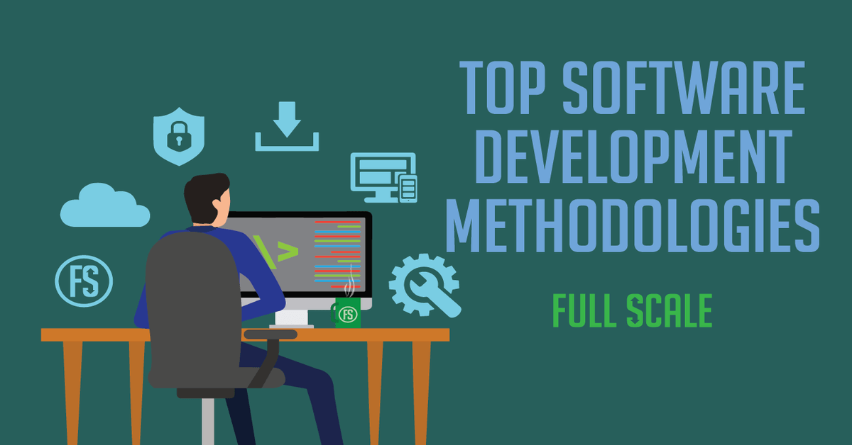 A man sitting at a desk working on a computer with graphics related to software development methodologies and the text "top software development methodologies - full scale.