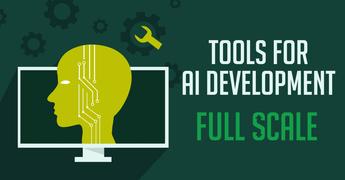 Graphic illustration depicting a human head silhouette with circuit patterns inside a computer monitor, alongside text on the right that reads 'tools for AI development,' set against a dark green background with various gear.