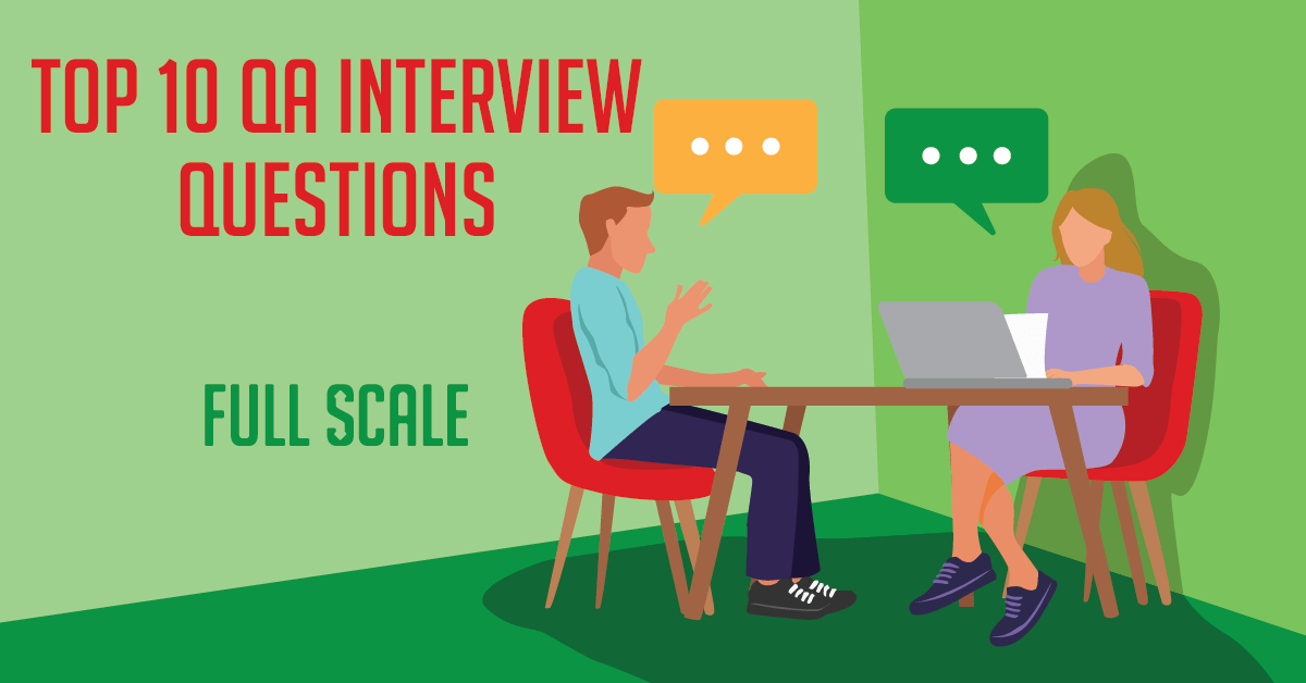 A graphic illustration of two individuals engaged in a discussion across a table, with one of them using a laptop, against a backdrop with text that reads 'Top 10 QA Interview Questions.'
