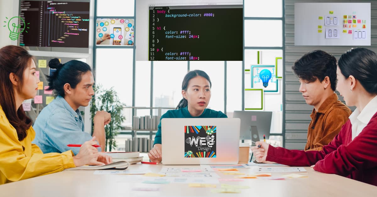 A group of professionals is engaged in a software development meeting around a table, focusing on a woman presenting a design concept on a laptop, with screens displaying code collaboration and creative brainstorming in the background.