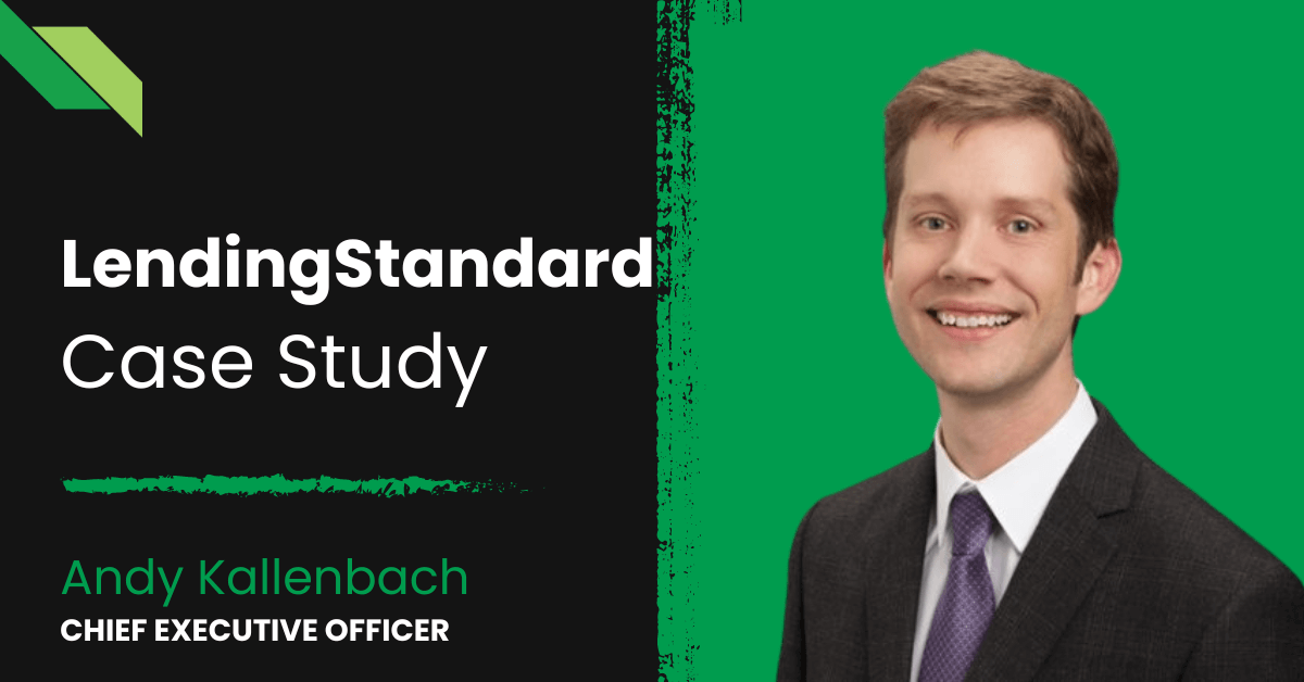 A professional presentation slide featuring Andy Kallenbach, Chief Executive Officer, for a Full Scale LendingStandard partnership case study.