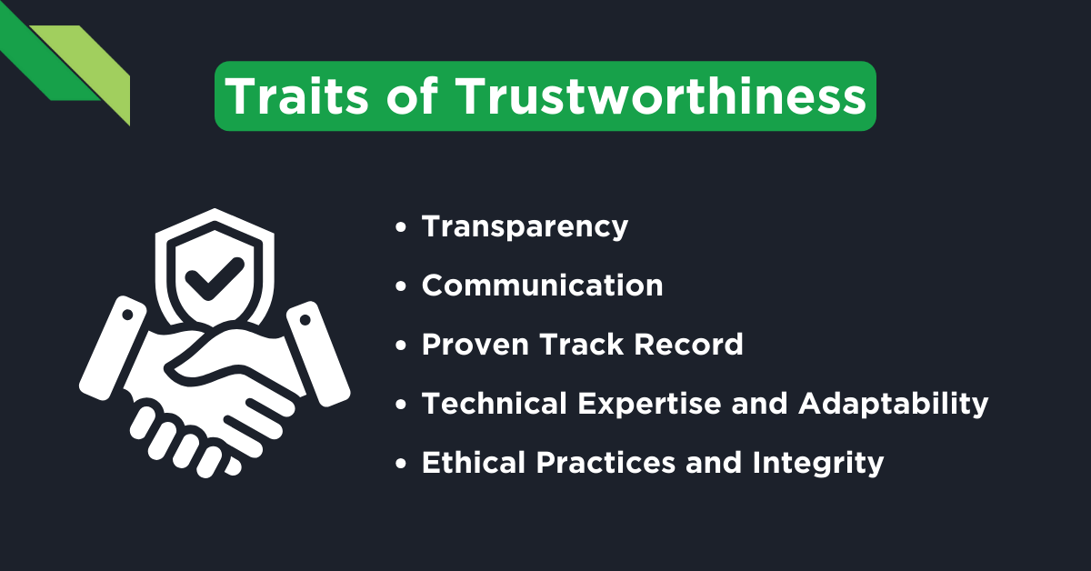 Graphic outlining the 'traits of trustworthiness' of a software development agency.