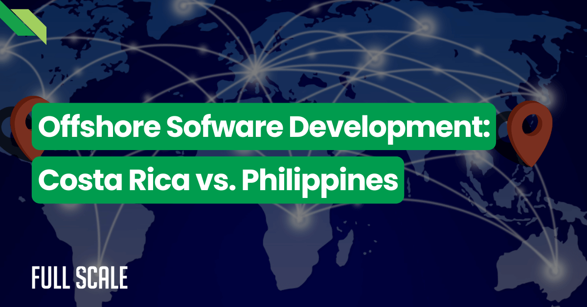 Graphic comparing offshore software development Costa Rica vs Philippines, with a world map and connecting lines.