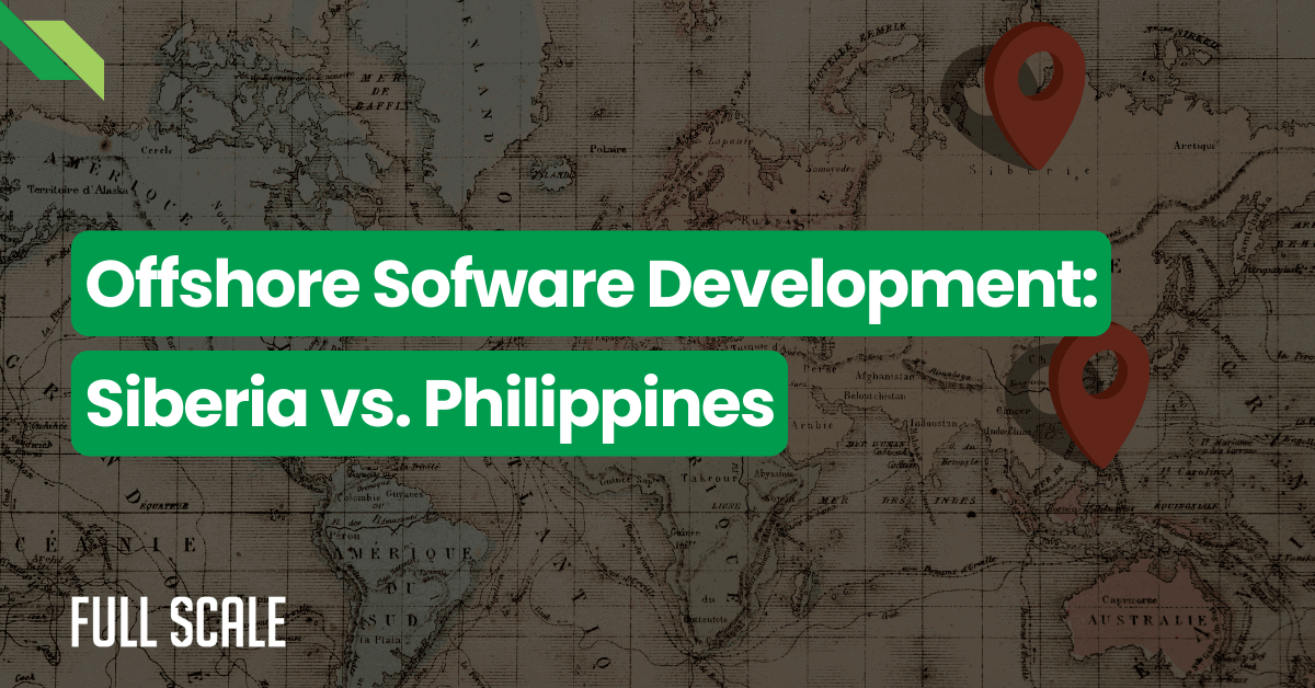 Promotional image for an article comparing offshore software development in Siberia and the Philippines, featuring a world map background with location markers.
