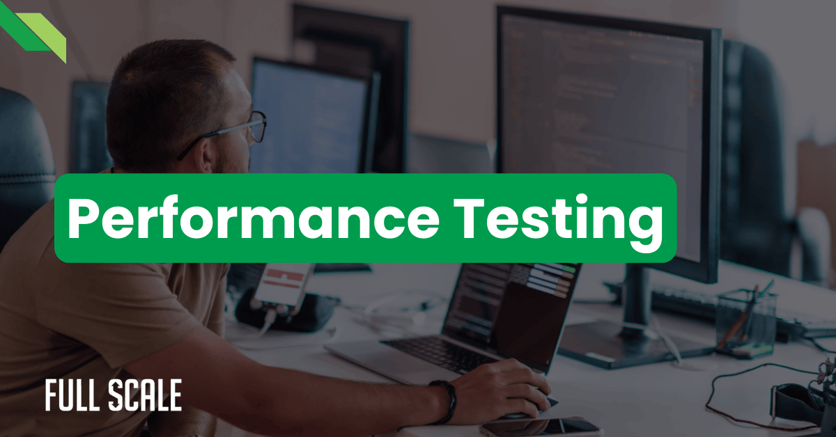 A person at a desk is focused on multiple computer monitors, surrounded by various performance testing tools. The text "What is Performance Testing" is displayed prominently, capturing their attention.