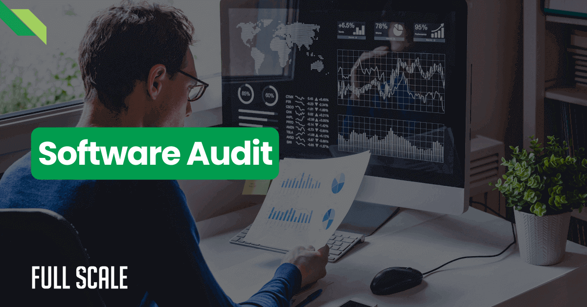 Man analyzing data on multiple computer screens with graphs for a software audit, in an office environment. text overlay "software audit" and logo "full scale".
