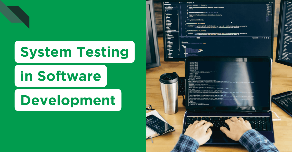 Developer performing system testing on computers during the software development process.
