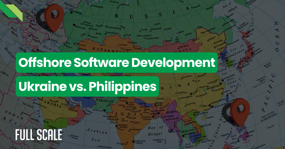 A graphic comparing offshore software development in ukraine vs. the philippines, overlaid on a world map with marked locations.