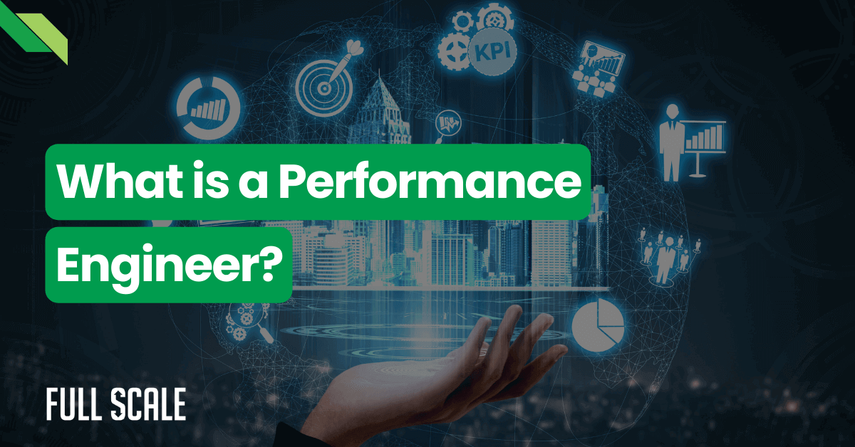 Digital montage depicting a hand with icons and graphs related to performance engineering floating above, titled "what is a performance engineer?.