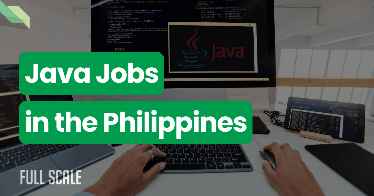 A person typing on a keyboard in front of a computer screen displaying Java code, with green text overlay reading "Junior Java Jobs in the Philippines.
