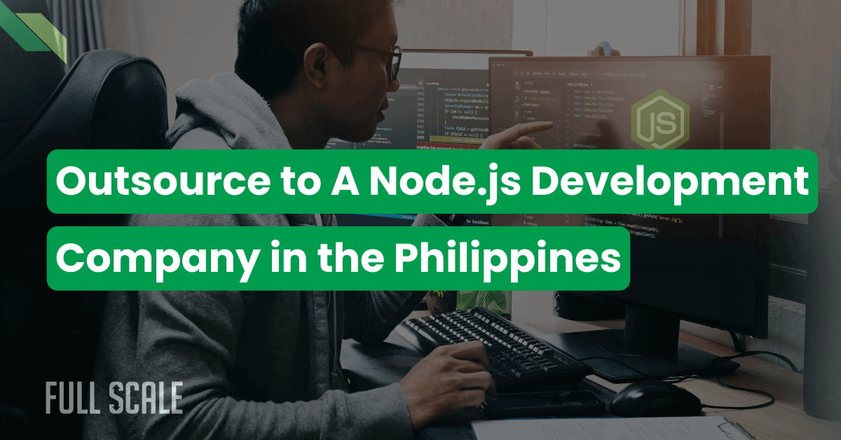 A man coding on a computer with a screen showing "Node.js" and text overlay reading "Outsource Node.js Development Services in the Philippines.