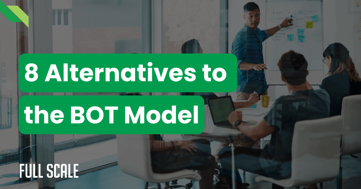 A group of people in a meeting room with a man standing at a whiteboard presenting Offshore Software Development Models. Text overlay reads "8 Alternatives to the BOT Model - Full Scale.