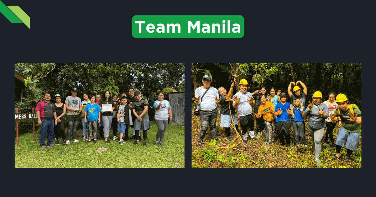 Two images of "Team Manila" engaged in activities. The left image shows group members posing with a certificate. The right image, taken during Outreach Day 2024, shows the group wearing helmets and doing outdoor work.
