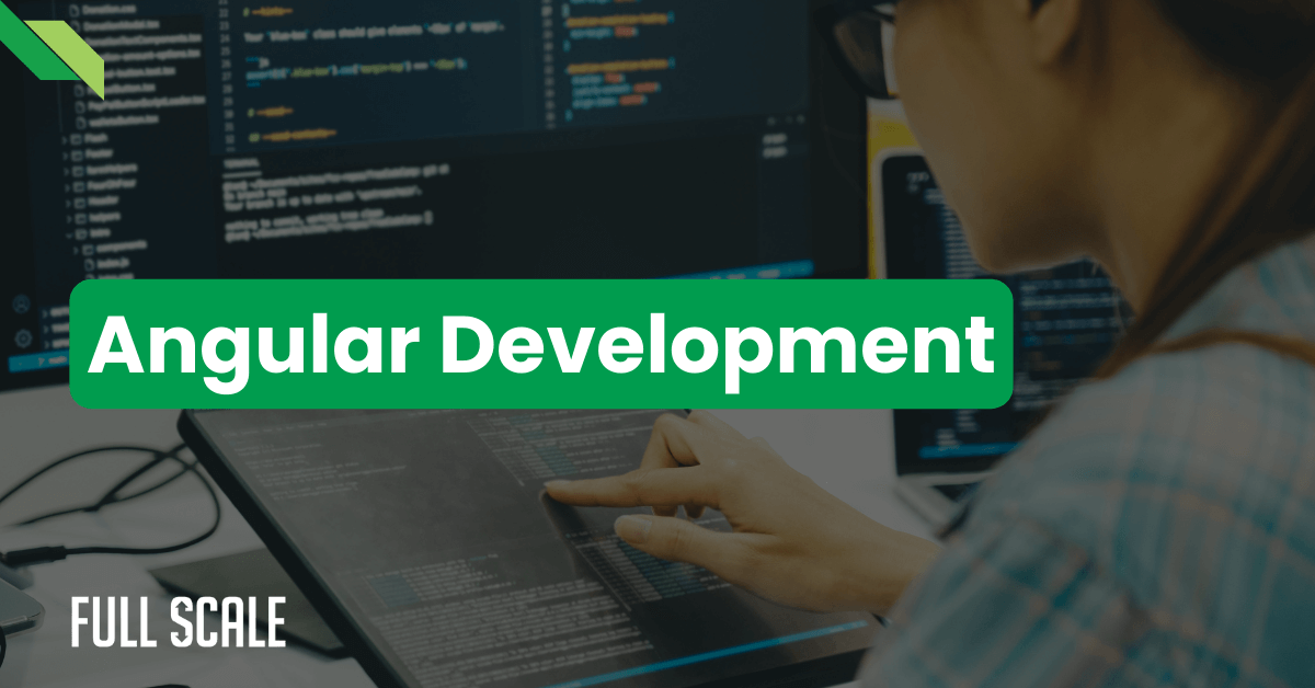A person works on code displayed on a computer monitor, with text overlay reading "Angular Development.