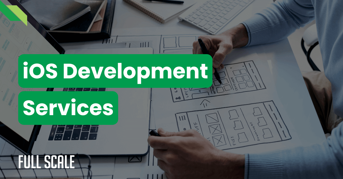A person working on UI sketches and wireframes for app development on a desk, with the text "iOS Development Services" on the image.