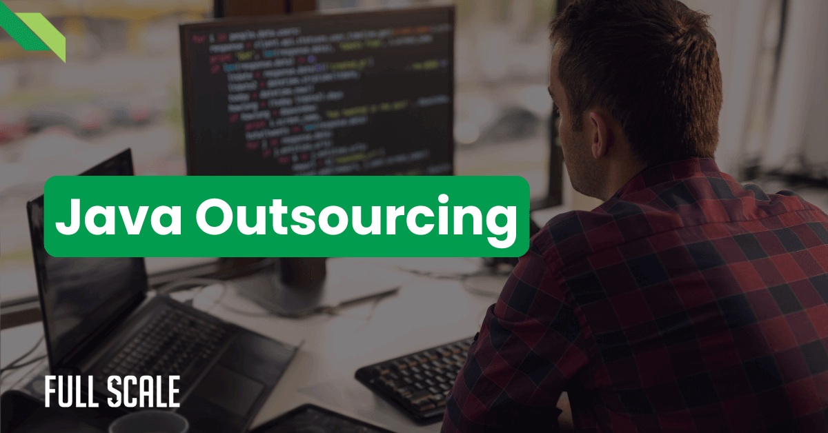 A person working at a desk with multiple computer monitors displaying code, overlaid with the text "Java Outsourcing." The screen in the background is slightly blurred.