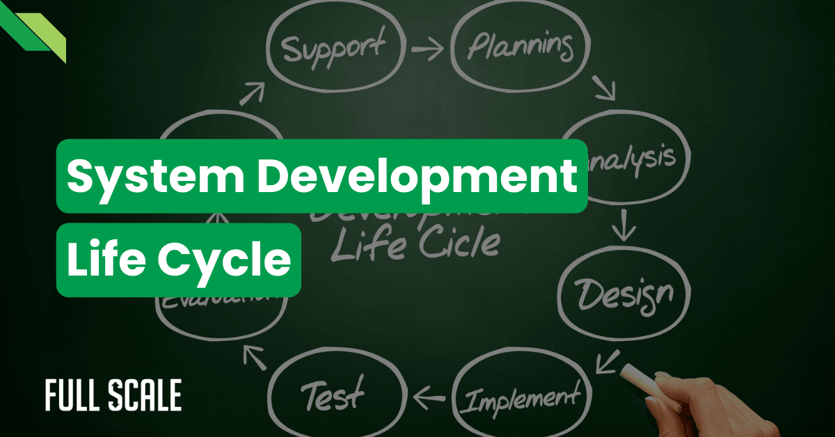 Diagram of the System Development Life Cycle on a chalkboard, including stages: Support, Planning, Analysis, Design, Implement, Test. Hand holding chalk in bottom right corner.