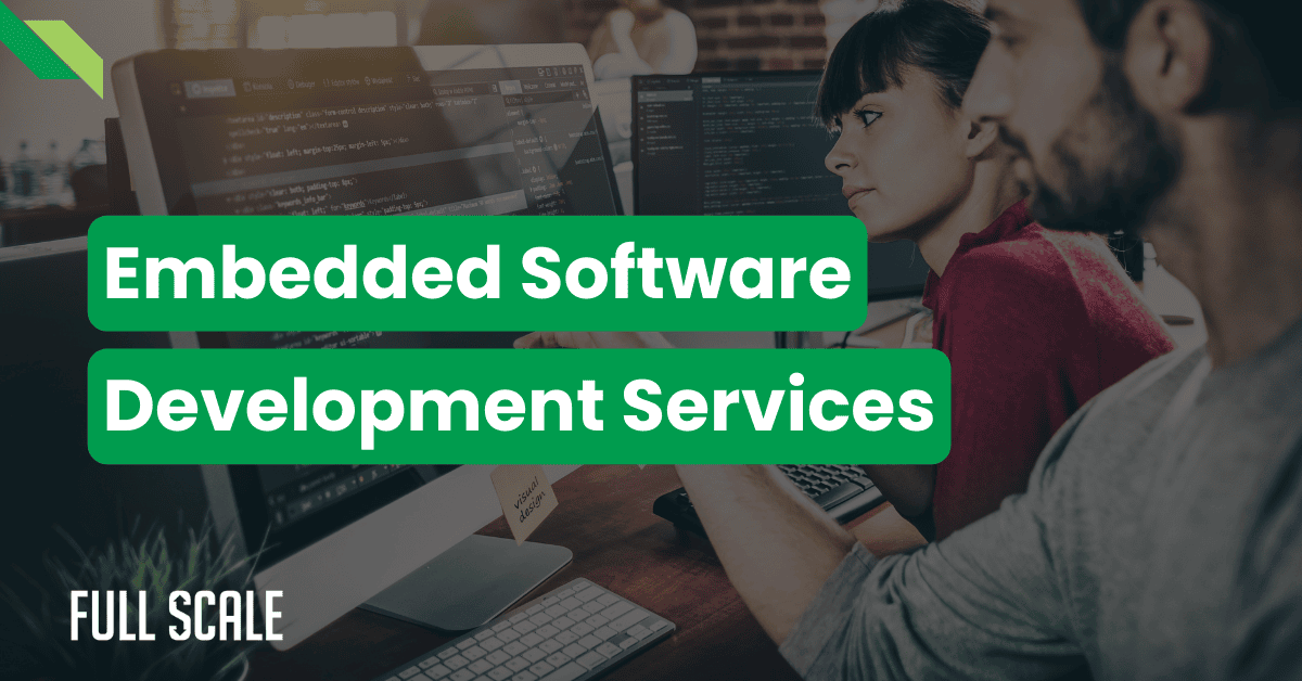 Two people work on computers in an office. The text "Embedded Software Development Services" is displayed prominently.