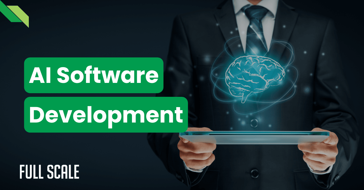 A person in a suit holds a tablet with a floating digital brain, showcasing the power of AI and software development. Text reads "AI Software Development.