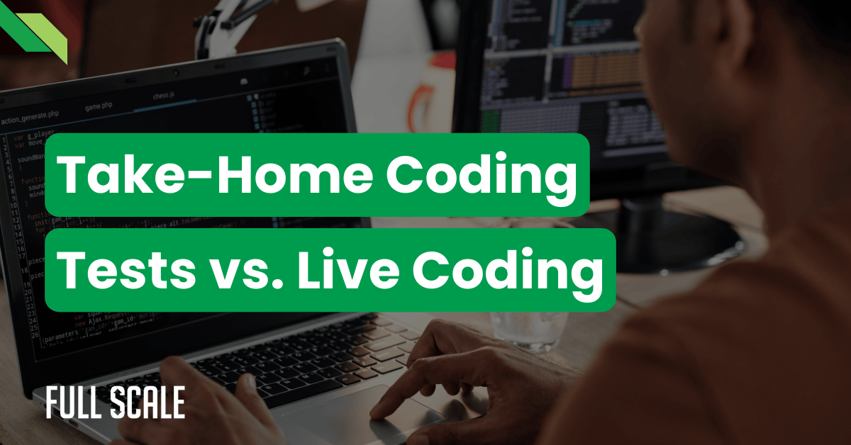 As a developer types away on their laptop, the screen flashes the debate: "Take-Home Coding Tests vs. Live Coding." This scene highlights modern developer evaluation methods, contrasting the reflective approach of take-home tests with the immediacy of live coding interviews.
