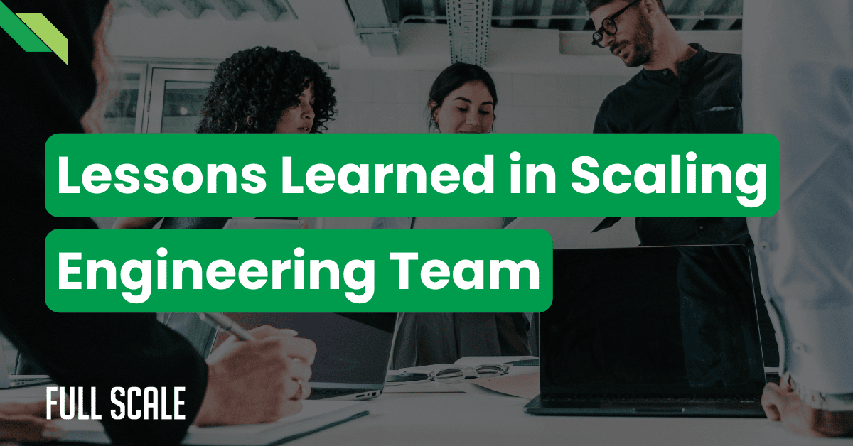 Group of people working together in an office setting with text overlay: "Lessons Learned in Scaling Engineering Teams and Technical Debt Management.