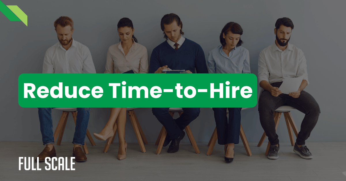 Five people sit in chairs, reviewing papers. Text overlay reads "Faster Developer Hiring.