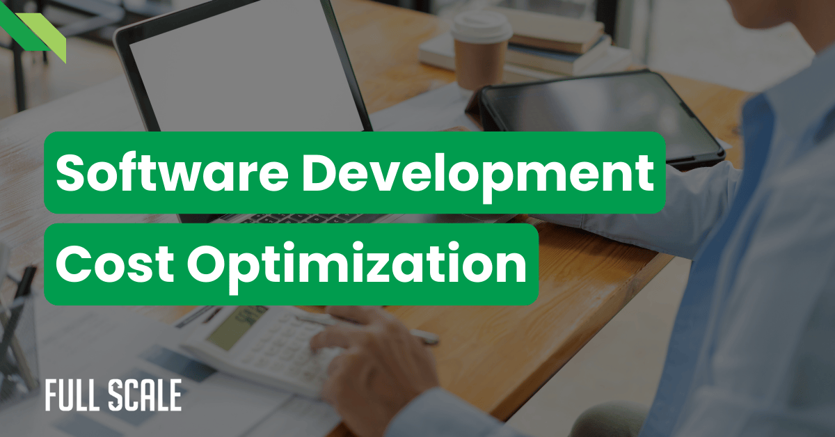 A person sits at a desk with a laptop and calculator, contemplating software development cost optimization. The text overlay explores "fixed price vs time and materials" as key components in offshore development pricing models.