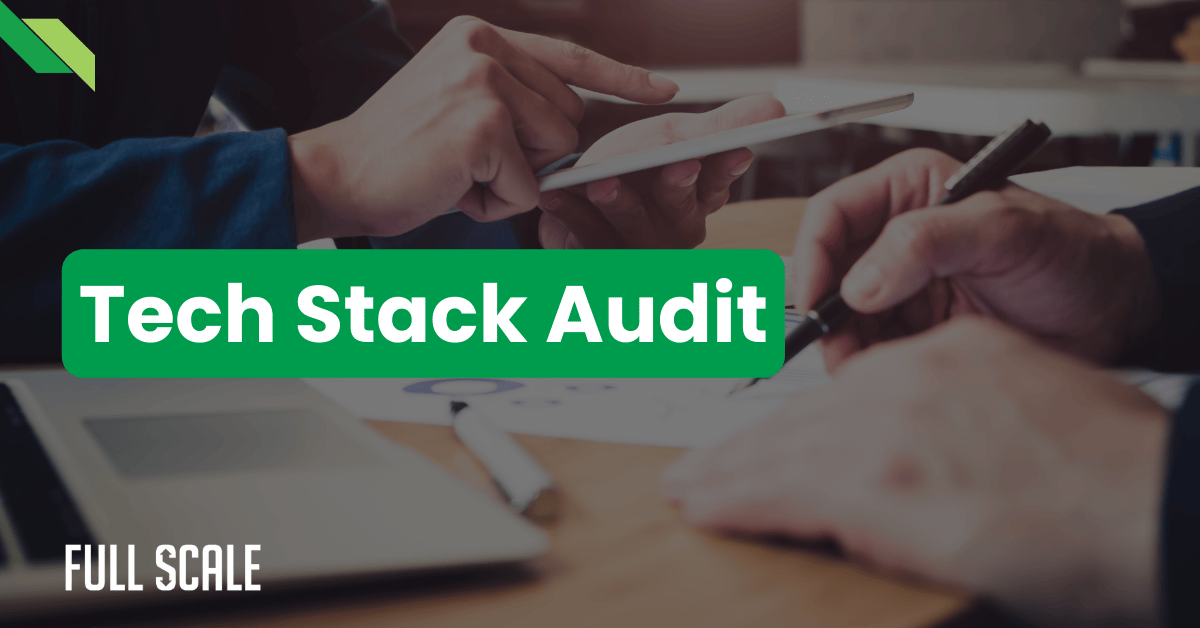 Two people discuss documents and a tablet at a desk, with the text "Tech Stack Audit" and "Full Scale" displayed—highlighting architecture evaluation for scaling development teams.