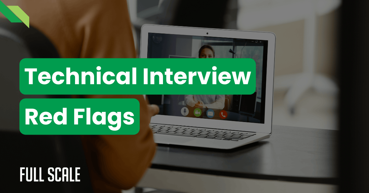 A person sits at a desk facing a laptop with a video call on screen; overlaid text reads "Technical Interview Red Flags—avoid common developer hiring mistakes.