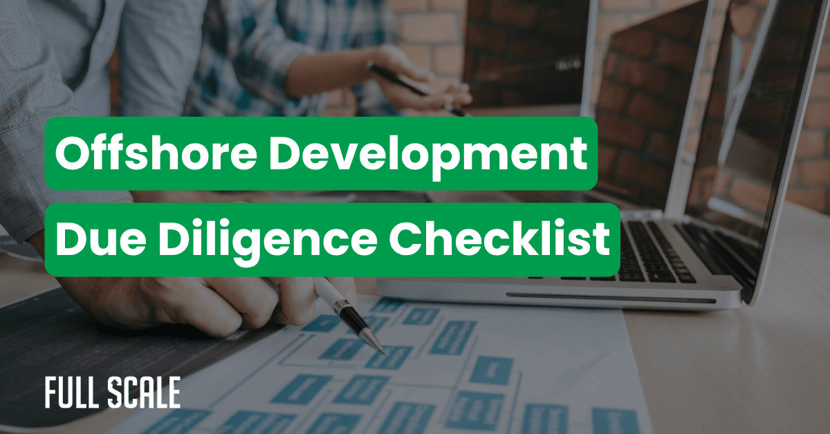 Two people work on laptops, reviewing a document with a flowchart. Overlaid text reads: "Offshore Development Company Checklist – How to Vet Offshore Developers.