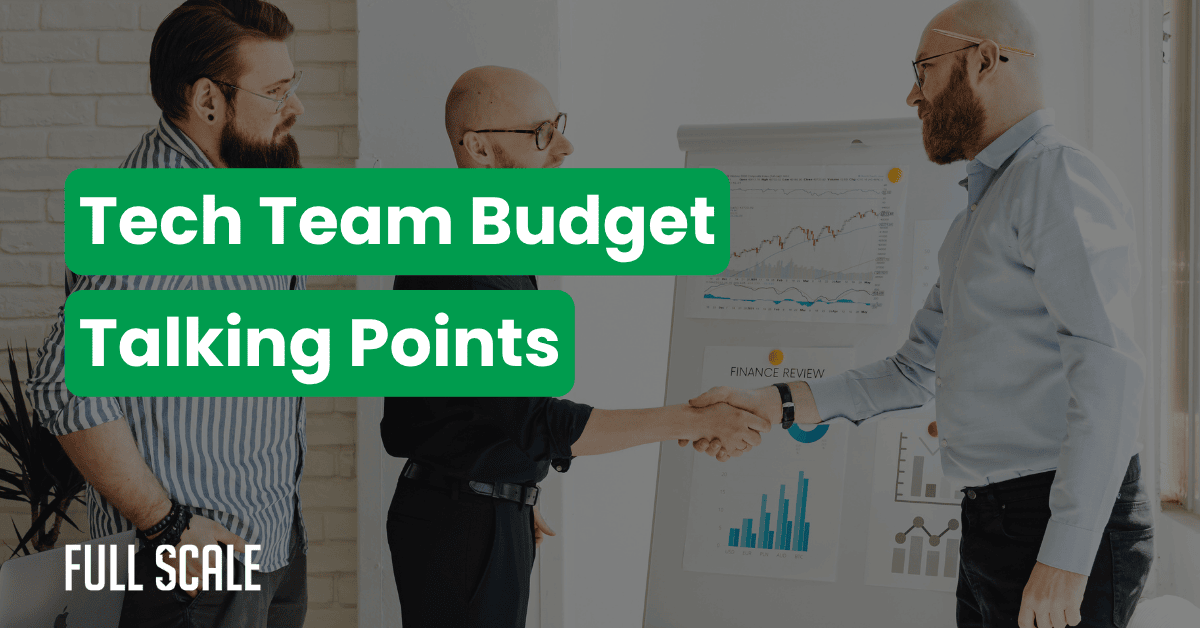 Three men in business attire discuss charts on a flipchart. Two men shake hands while another observes. Text overlay reads "Tech Team Budget Talking Points: How to justify offshore development to finance.