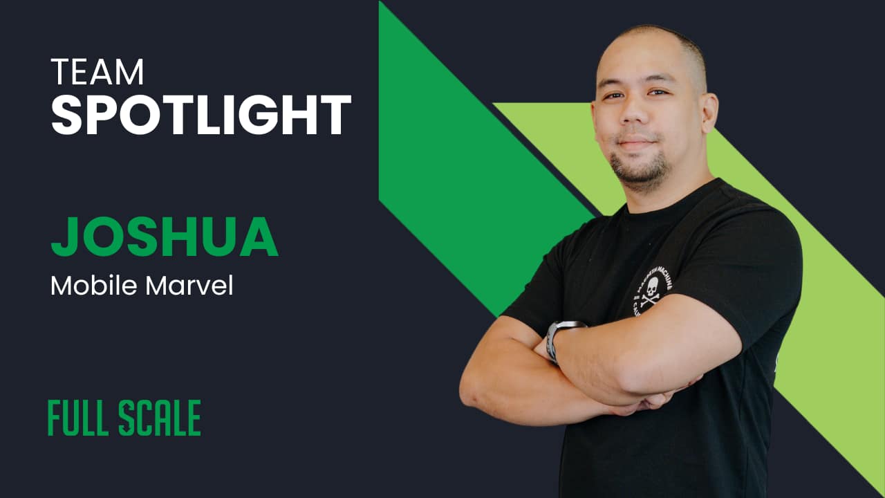 Image of Joshua with the title "Mobile Marvel" highlighted in an Employee Spotlight feature for Full Scale.
