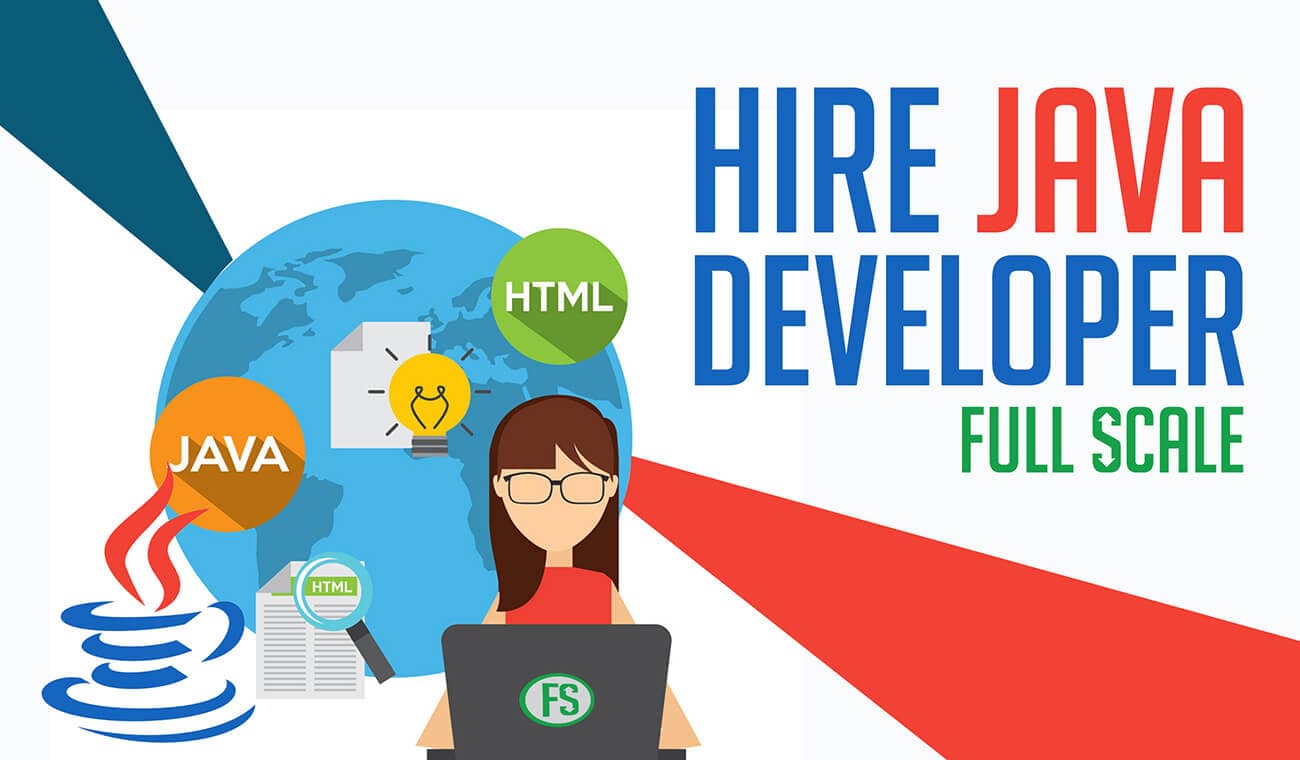 A woman with a laptop and the words hire Java Developer full scale.