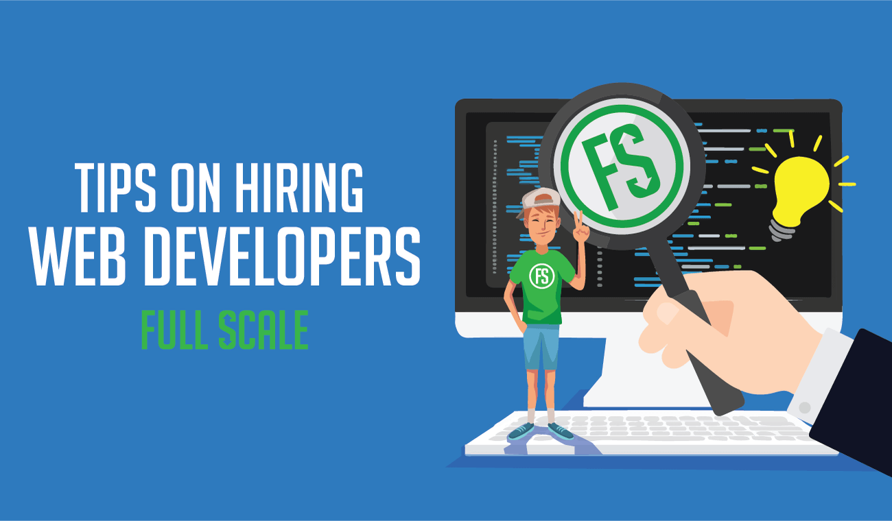 An illustration featuring advice on hiring web developers, with a magnifying glass focused on a character holding the full-scale logo, set against a backdrop of a computer display and a lightbulb symbolizing an
