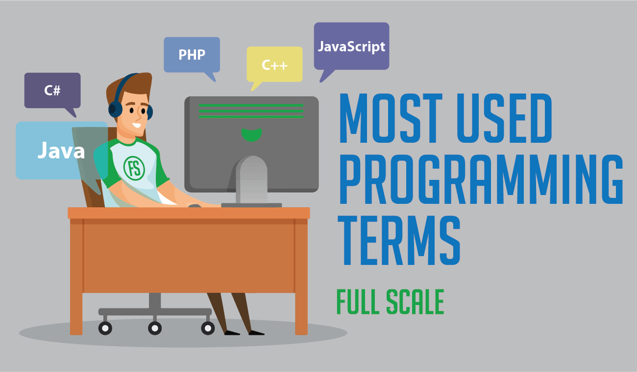 A person wearing a t-shirt with a "fs" logo is sitting at a desk facing a computer screen, surrounded by floating words that include "php," "c++," "javascript," and other