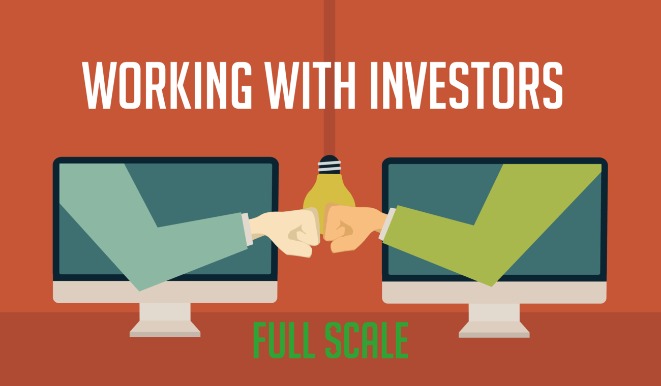Illustration depicting a handshake between two parties through computer screens, symbolizing an agreement or partnership in a business setting, with the text "working with angel investors" and "full scale" displayed.