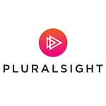 Logo of Pluralsight with the name written in black capital letters beneath a gradient pink and orange circle with a white triangle and three lines, symbolizing resources for software developers.