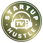 A circular logo with the words "Startup Hustle" and a TV graphic in the center wearing headphones, all in white on a green background with a gradient, subtly hinting at resources for software developers.