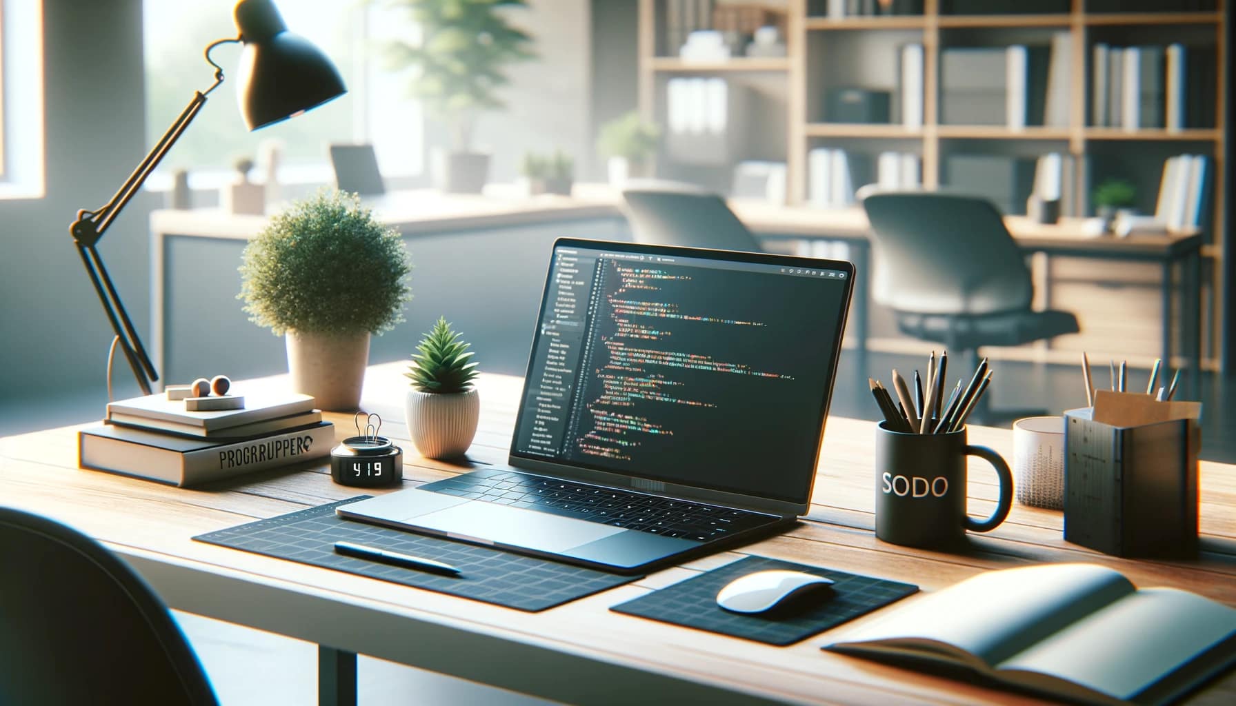 A neatly organized work desk with a laptop displaying vim search and replace code, accompanied by a desk lamp, potted plants, a stack of books, and stationery items.