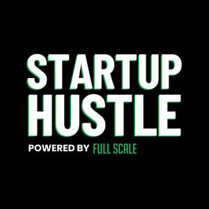 Black background with bold, white text saying "startup hustle" above smaller text that reads "powered by full scale offshore development company" in green.