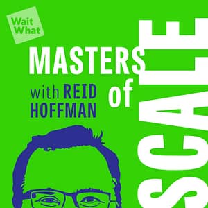 Podcast cover for "masters of scale" featuring a stylized graphic of CEO Reid Hoffman in blue against a bright green background with bold white text.