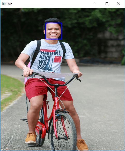 The picture shows the face detection result with a box highlighting the face detected in the photo