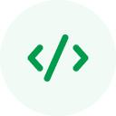A green circle icon with a forward slash and backslash, representing a code symbol, perfect for any backend development company.
