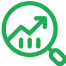 A green magnifying glass icon with a line graph and upward arrow inside, indicating growth analysis.