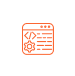 Orange line drawing of a web development icon featuring a browser window with code brackets and a gear symbol inside a rounded square shape.