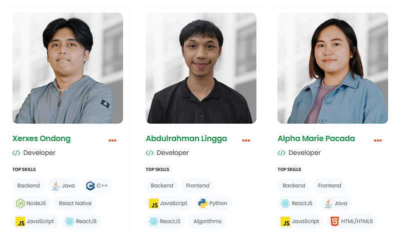 Three professional profile cards for developers xerxes ondong, abdulrahman lingga, and alpha marie paccada, highlighting their skills in various programming technologies.