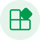 industry specific Green circle with a transparent icon depicting a diamond shape and three squares arranged in a grid, symbolizing custom software development services.