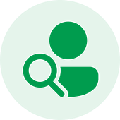 A green circular icon with a magnifying glass over a user silhouette, representing search functionality for users, ideal for qa outsourcing services.